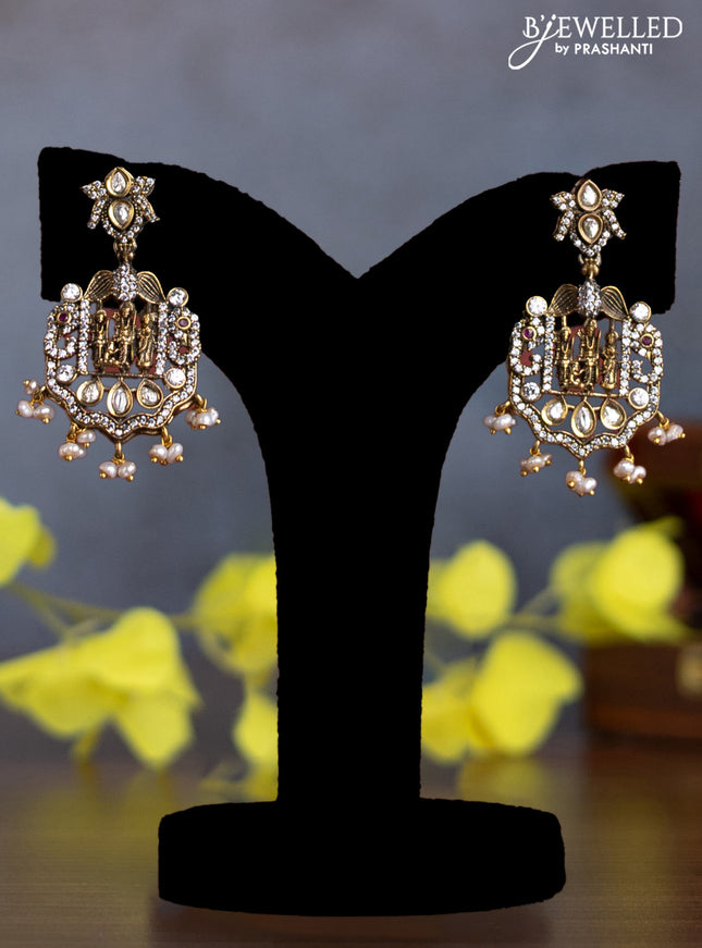 Pearl multilayer necklace tirupati balaji & lakshmi pendant with kundan & cz stones and pearl hangings