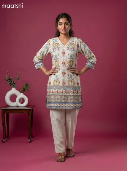 Cream Cotton Ikat Weaves Short Kurti Set
