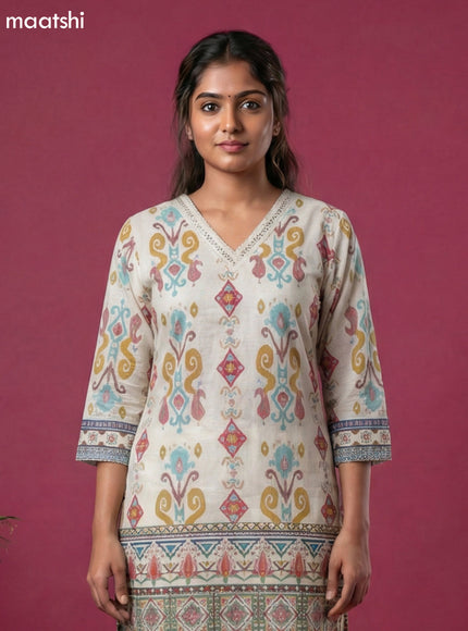 Cream Cotton Ikat Weaves Short Kurti Set