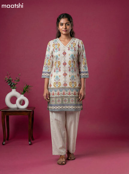 Cream Cotton Ikat Weaves Short Kurti Set