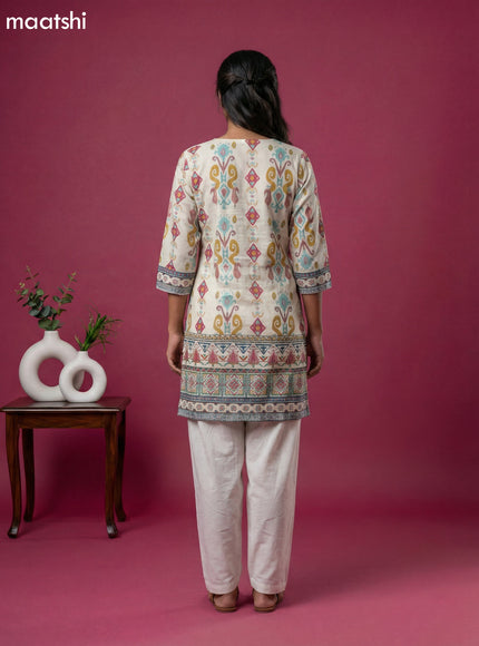 Cream Cotton Ikat Weaves Short Kurti Set