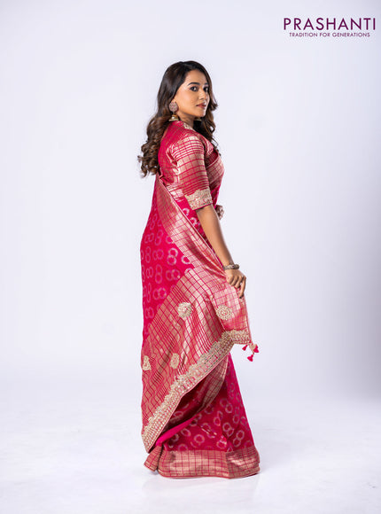 Banarasi munga silk saree pink with allover silver & gold zari weaves and zari woven lace border