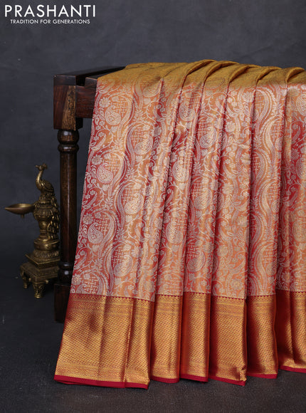 Pure Kanjivaram Silk Saree peachish pink and black with korvai border and 1000 buttas