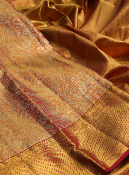Pure Kanjivaram Silk Saree peachish pink and black with korvai border and 1000 buttas