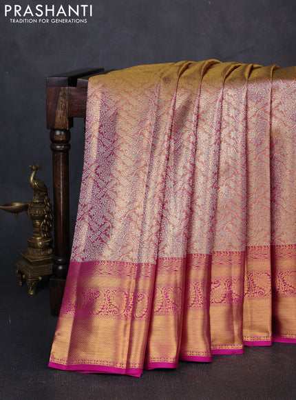 Pure Kanjivaram Silk Saree beige and pink with golden zari round buttas and simple zari border
