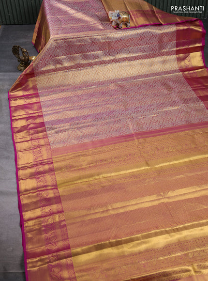 Pure Kanjivaram Silk Saree beige and pink with golden zari round buttas and simple zari border