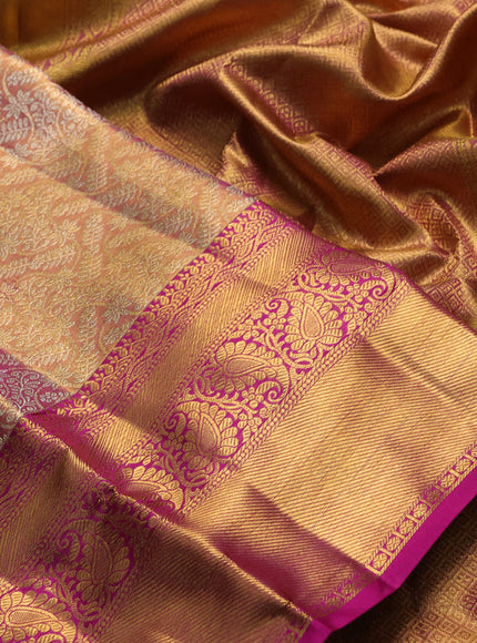 Pure Kanjivaram Silk Saree beige and pink with golden zari round buttas and simple zari border