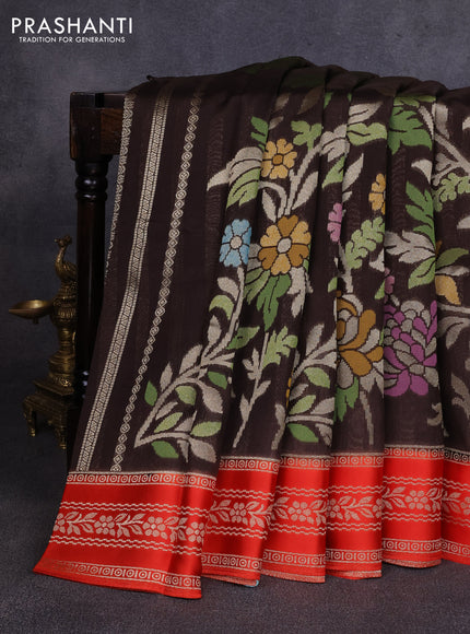 Kosa jamdhani silk saree coffee brown and orange with allover thread & zari weaves and zari woven border
