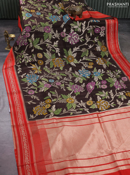 Kosa jamdhani silk saree coffee brown and orange with allover thread & zari weaves and zari woven border