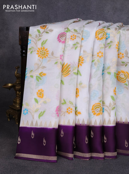Kosa jamdhani silk saree off white and violet with allover thread & zari weaves and temple design zari woven border