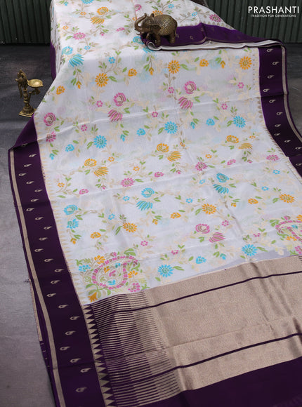Kosa jamdhani silk saree off white and violet with allover thread & zari weaves and temple design zari woven border