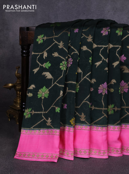 Kosa jamdhani silk saree bottle green and pink with allover thread & zari weaves and rettapet woven border