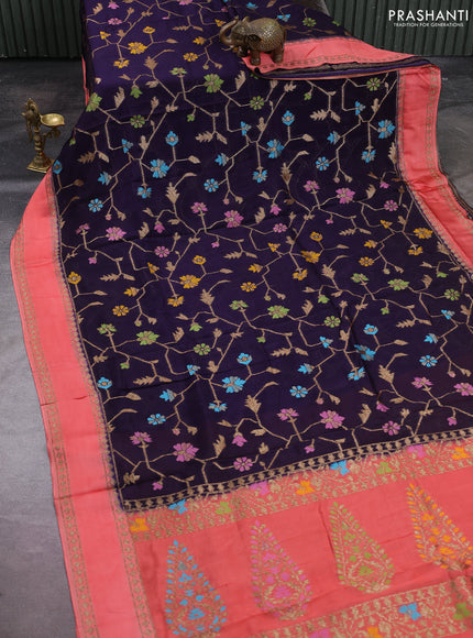 Kosa jamdhani silk saree navy blue and peach shade with allover thread & zari weaves and rettapet woven border