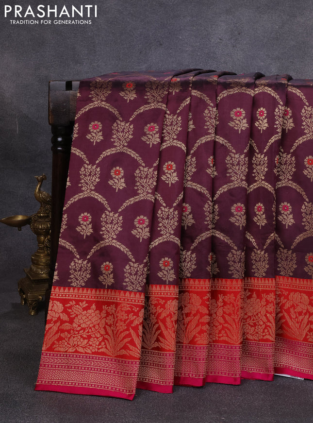 Banarasi katan silk saree wine shade and red pink with allover zari woven floral weaves and zari woven border