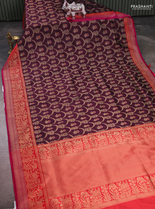 Banarasi katan silk saree wine shade and red pink with allover zari woven floral weaves and zari woven border