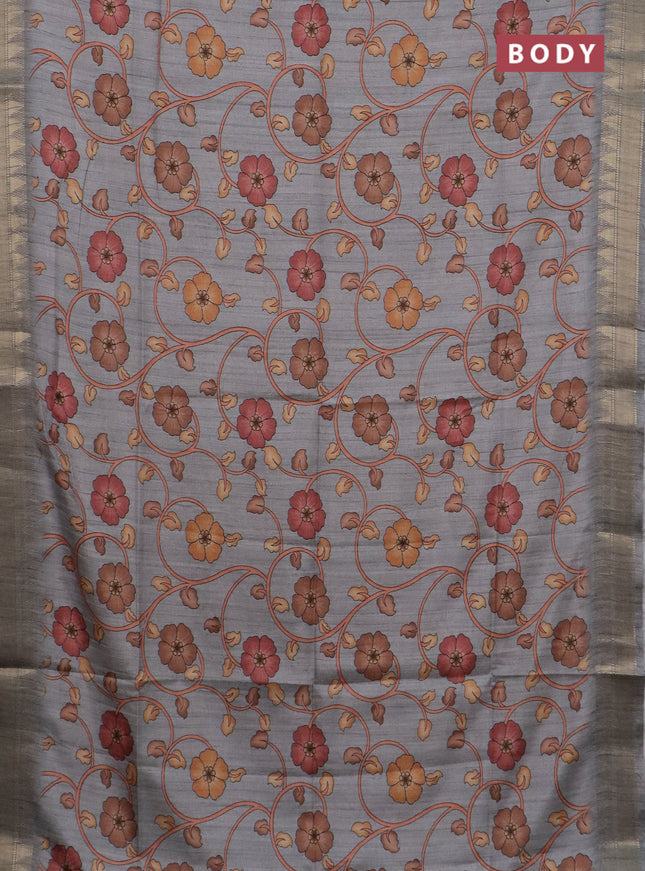 Semi tussar saree grey with allover floral prints and zari woven border