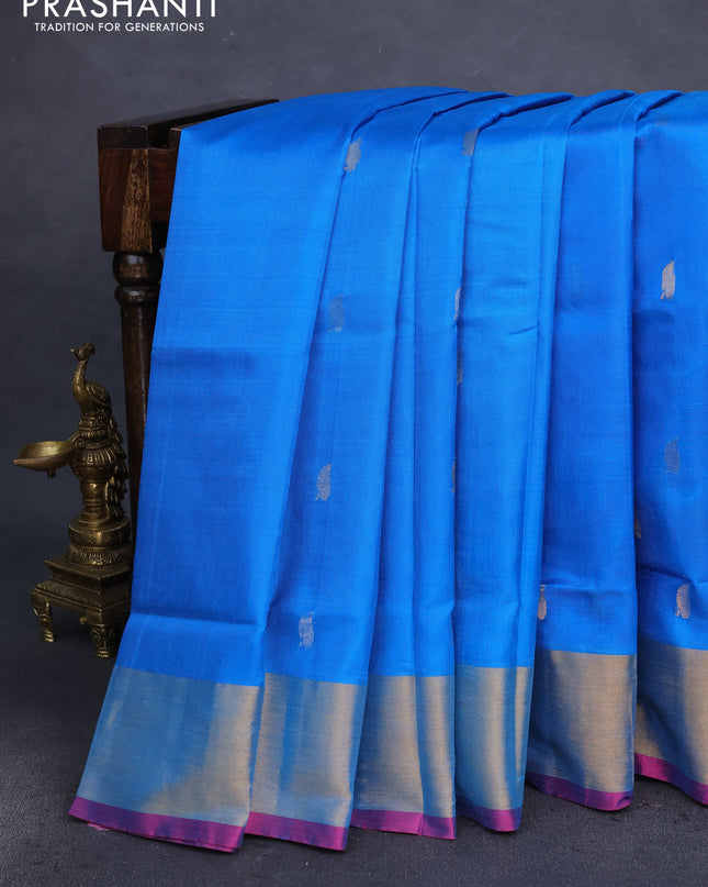 Pure uppada silk saree cs blue and pink with silver & gold zari woven leaf buttas and jamdhani design pallu