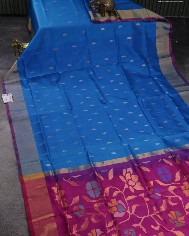 Pure uppada silk saree cs blue and pink with silver & gold zari woven leaf buttas and jamdhani design pallu