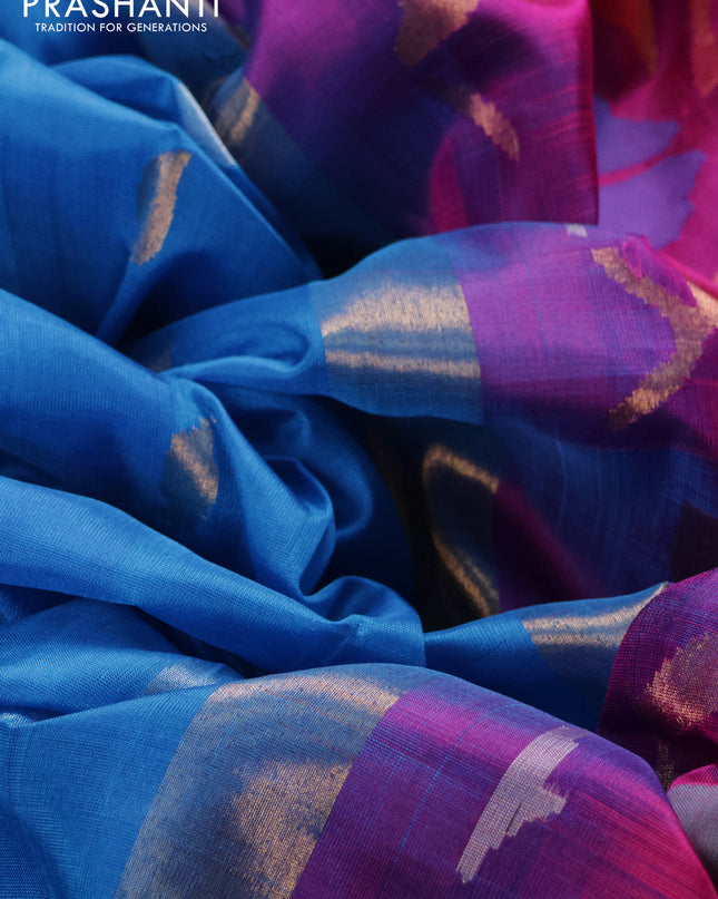 Pure uppada silk saree cs blue and pink with silver & gold zari woven leaf buttas and jamdhani design pallu