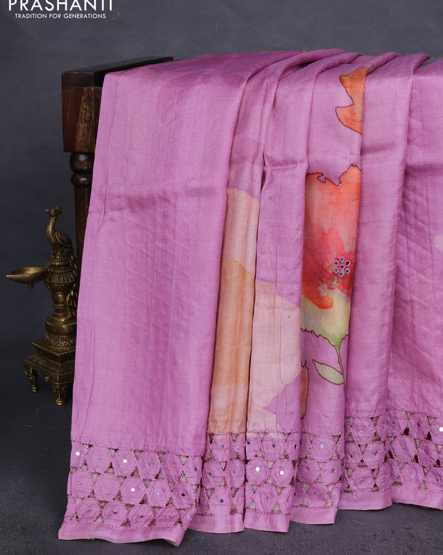 Pure tussar silk saree mauve pink with floral digital prints & mirror work and cut work border