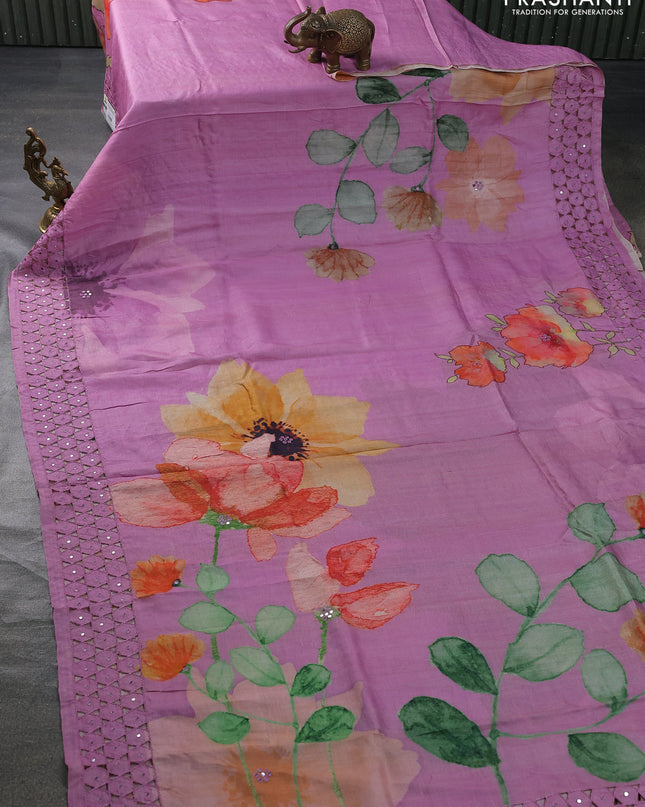 Pure tussar silk saree mauve pink with floral digital prints & mirror work and cut work border