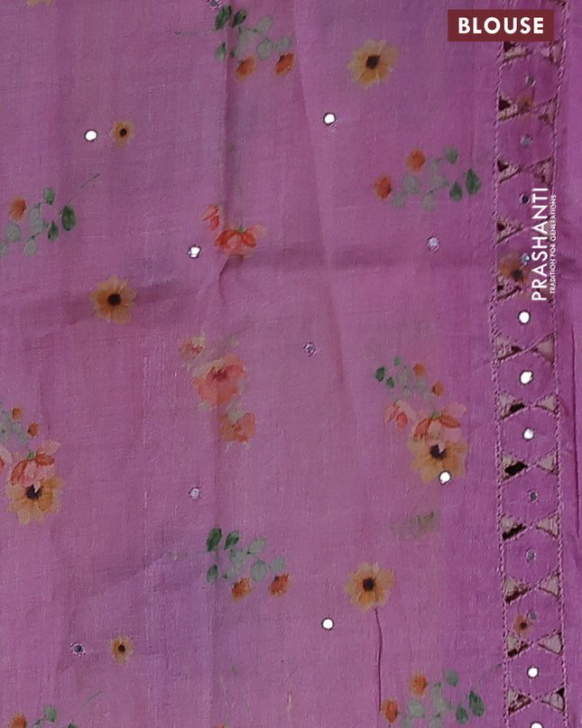 Pure tussar silk saree mauve pink with floral digital prints & mirror work and cut work border