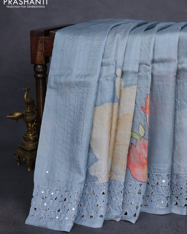Pure tussar silk saree grey with floral digital prints & mirror work and cut work border