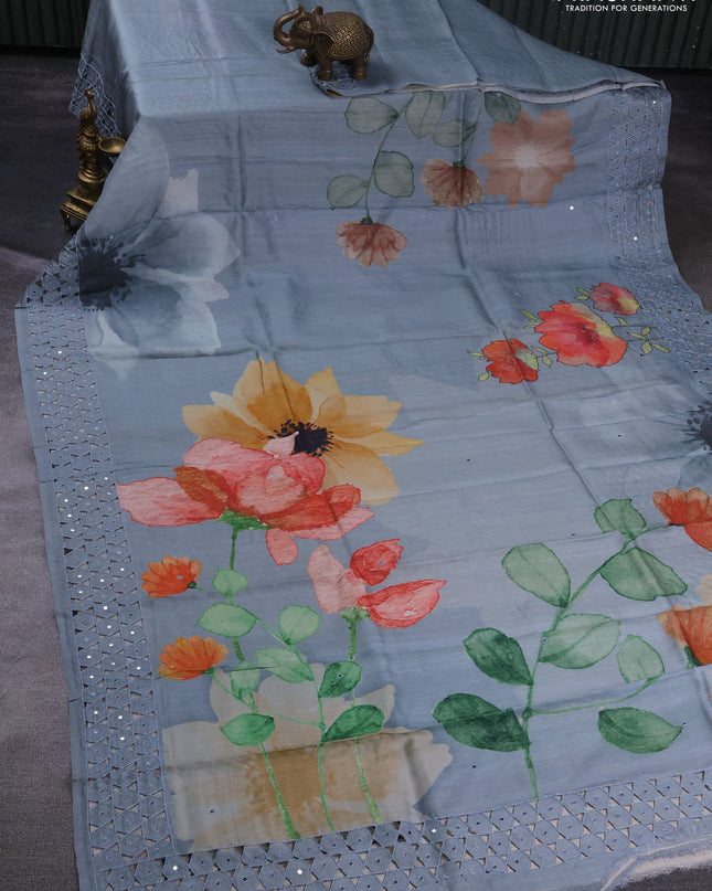 Pure tussar silk saree grey with floral digital prints & mirror work and cut work border