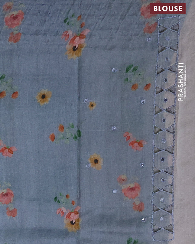 Pure tussar silk saree grey with floral digital prints & mirror work and cut work border
