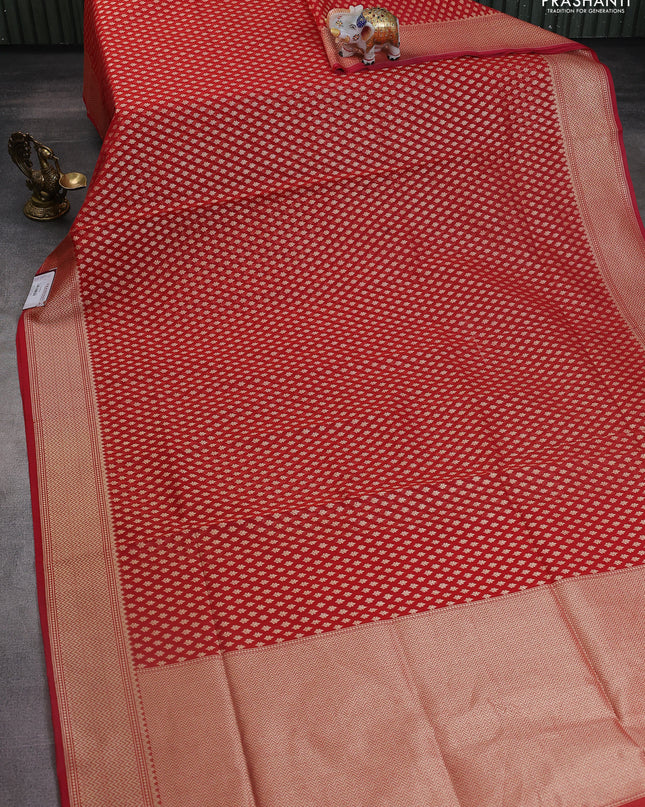 Banarasi silk cotton saree red with allover zari woven buttas and zari woven border
