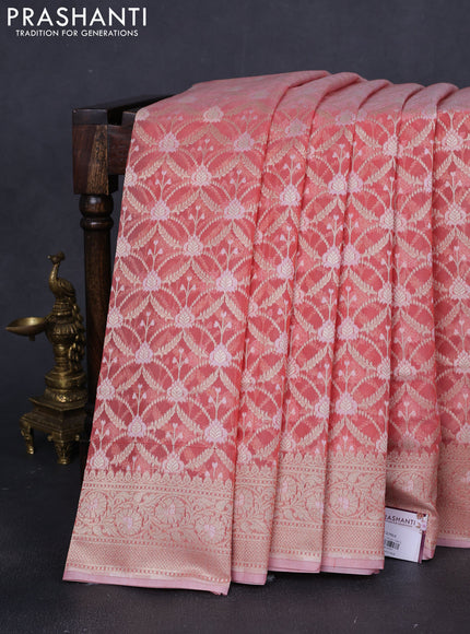Banarasi silk cotton saree peach pink with allover zari weaves and zari woven border