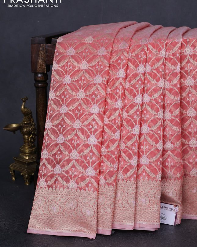 Banarasi silk cotton saree peach pink with allover zari weaves and zari woven border