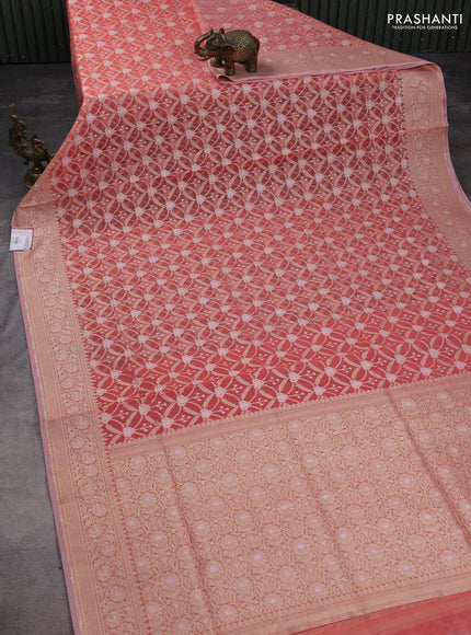 Banarasi silk cotton saree peach pink with allover zari weaves and zari woven border