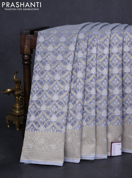 Banarasi silk cotton saree grey with allover zari weaves and zari woven border