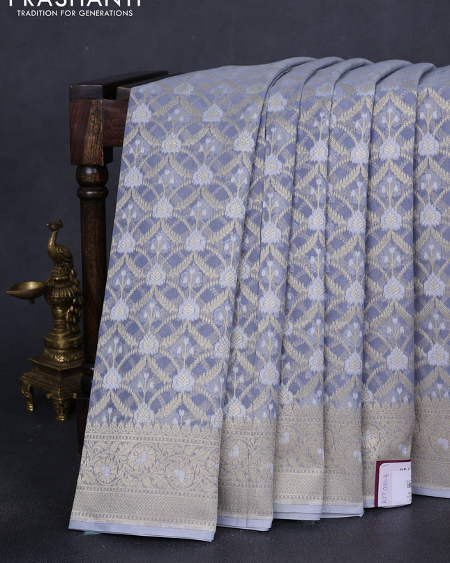 Banarasi silk cotton saree grey with allover zari weaves and zari woven border