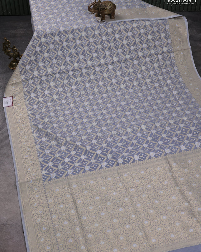 Banarasi silk cotton saree grey with allover zari weaves and zari woven border