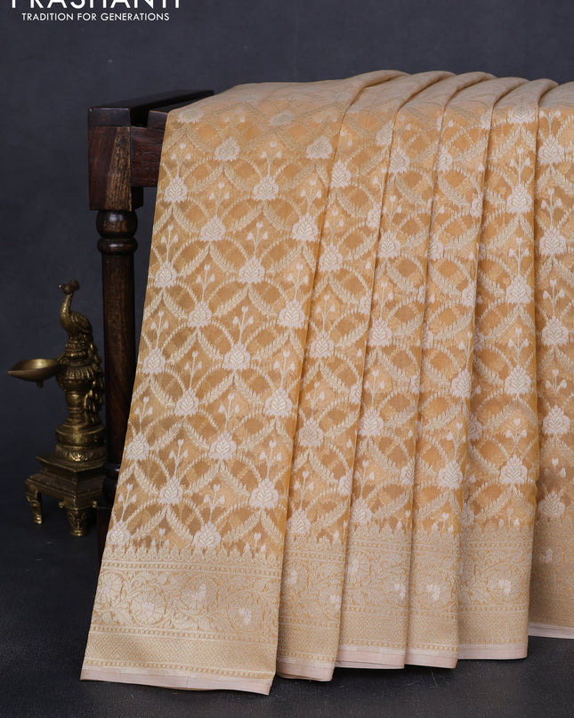 Banarasi silk cotton saree sandal with allover zari weaves and zari woven border