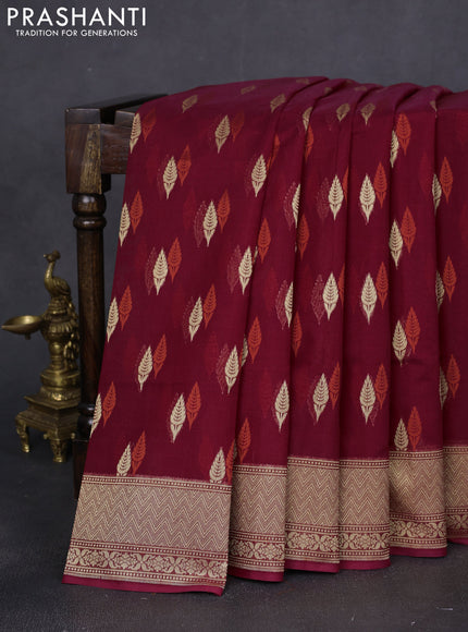 Banarasi silk cotton saree maroon with allover thread & zari woven buttas and zari woven border