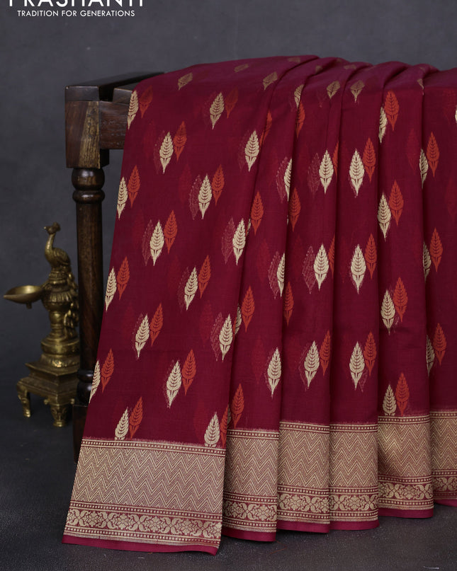 Banarasi silk cotton saree maroon with allover thread & zari woven buttas and zari woven border