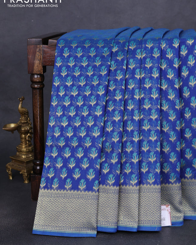 Banarasi silk cotton saree blue with allover thread & zari woven buttas and zari woven border