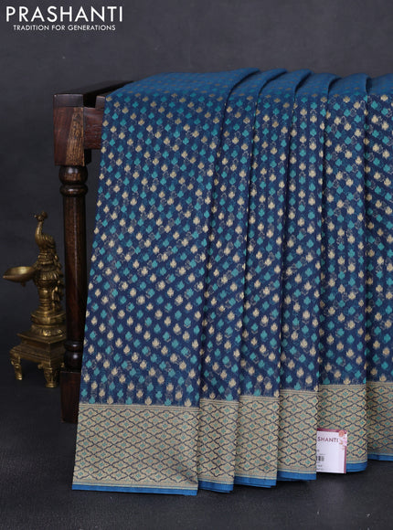 Banarasi silk cotton saree peacock blue with allover thread & zari woven buttas and thread & zari woven border