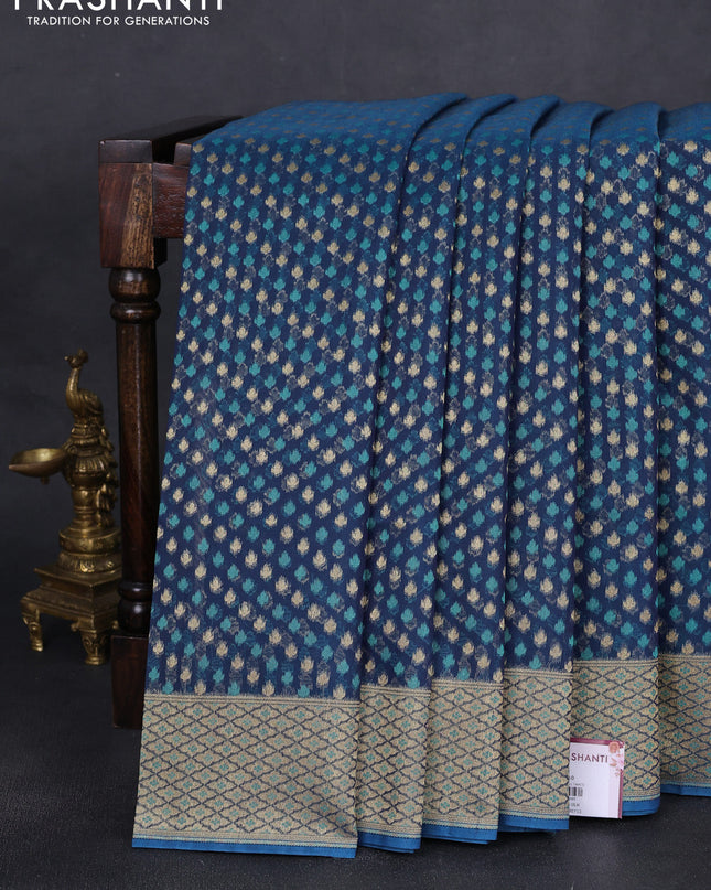 Banarasi silk cotton saree peacock blue with allover thread & zari woven buttas and thread & zari woven border