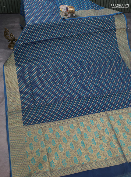 Banarasi silk cotton saree peacock blue with allover thread & zari woven buttas and thread & zari woven border