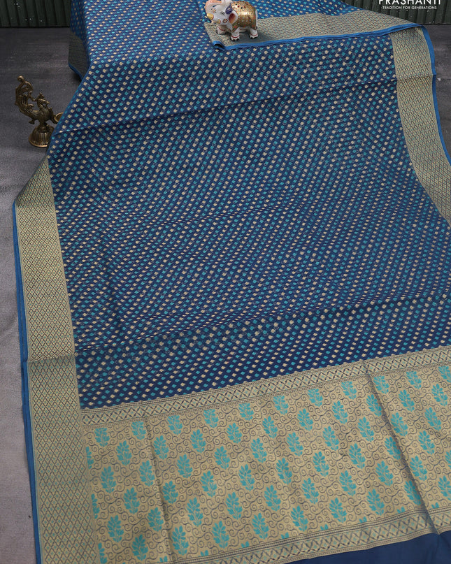 Banarasi silk cotton saree peacock blue with allover thread & zari woven buttas and thread & zari woven border