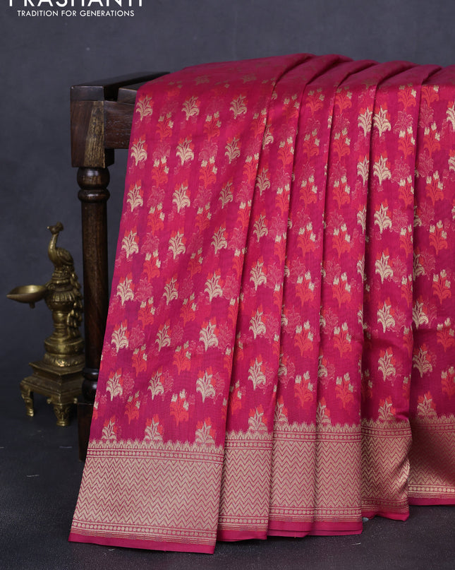 Banarasi silk cotton saree pink with allover zari woven buttas and temple zari woven border