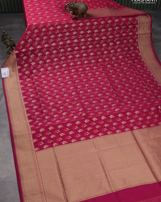 Banarasi silk cotton saree pink with allover zari woven buttas and temple zari woven border