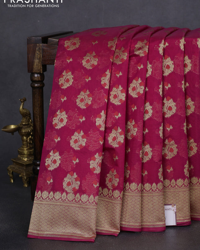 Banarasi silk cotton saree pink with allover floral zari woven buttas and zari woven border