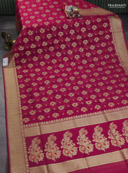 Banarasi silk cotton saree pink with allover floral zari woven buttas and zari woven border