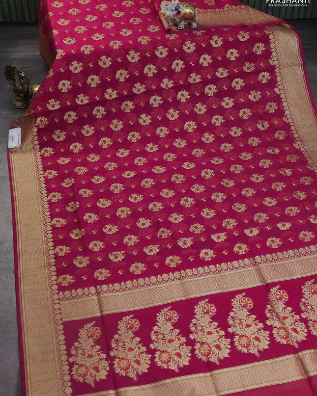 Banarasi silk cotton saree pink with allover floral zari woven buttas and zari woven border