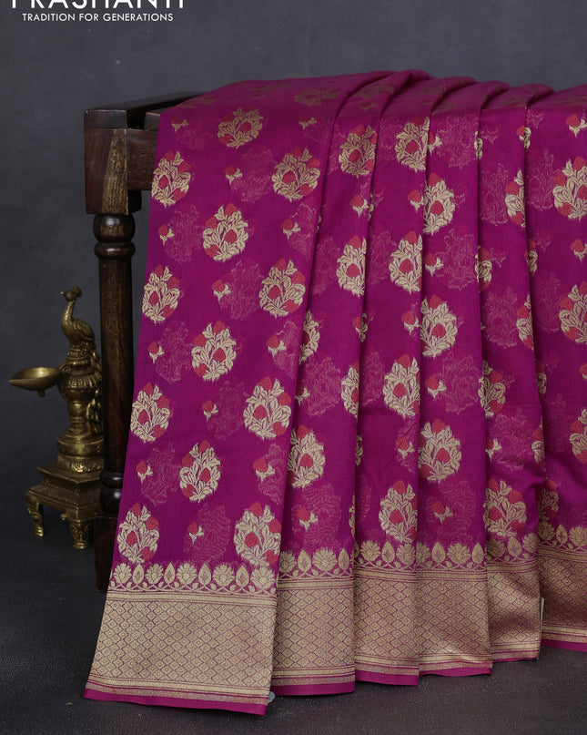 Banarasi silk cotton saree purple with allover floral zari woven buttas and zari woven border